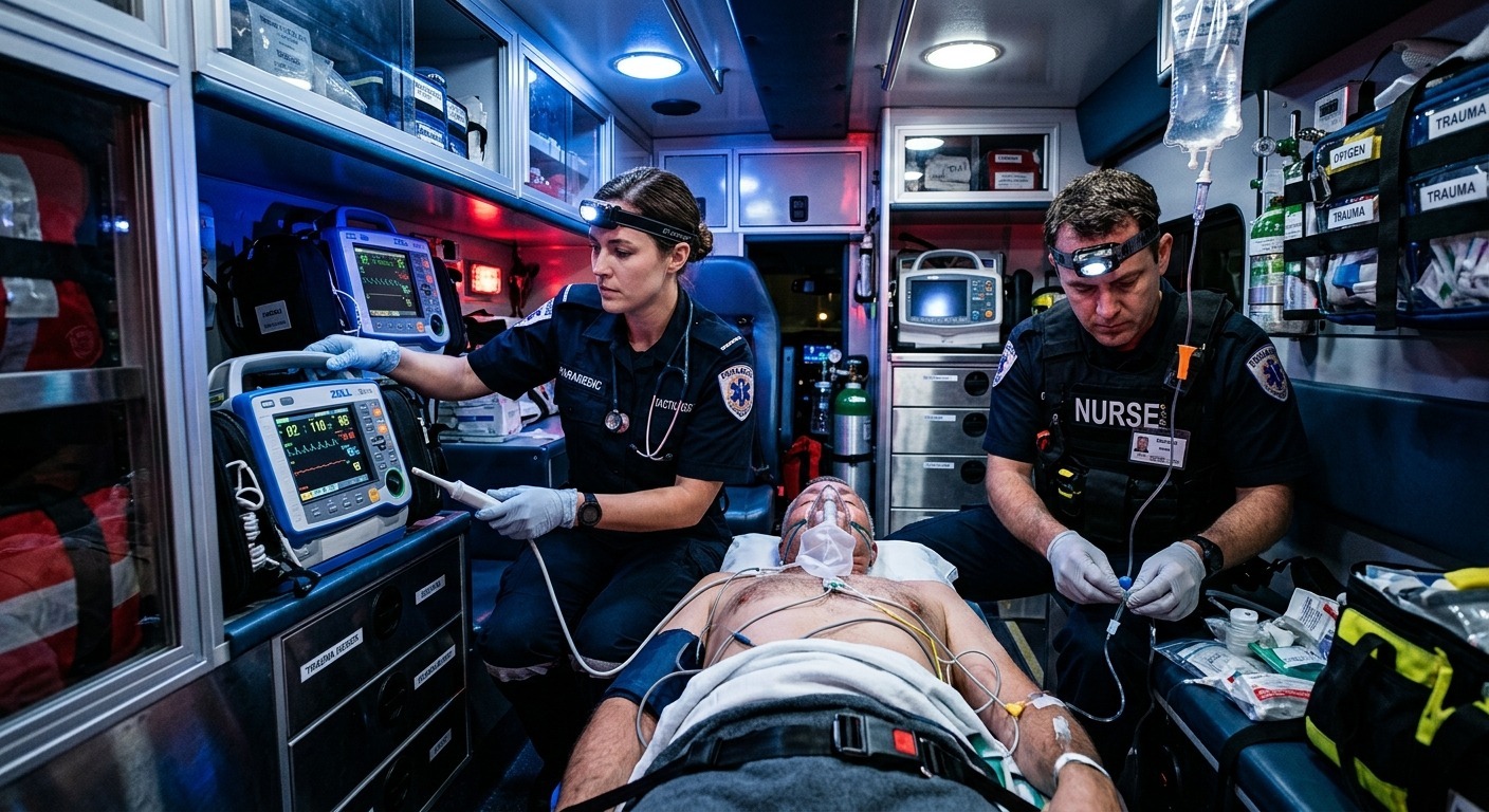 Paramédica e enfermeiro prestam socorro a um paciente em uma maca dentro de uma ambulância equipada