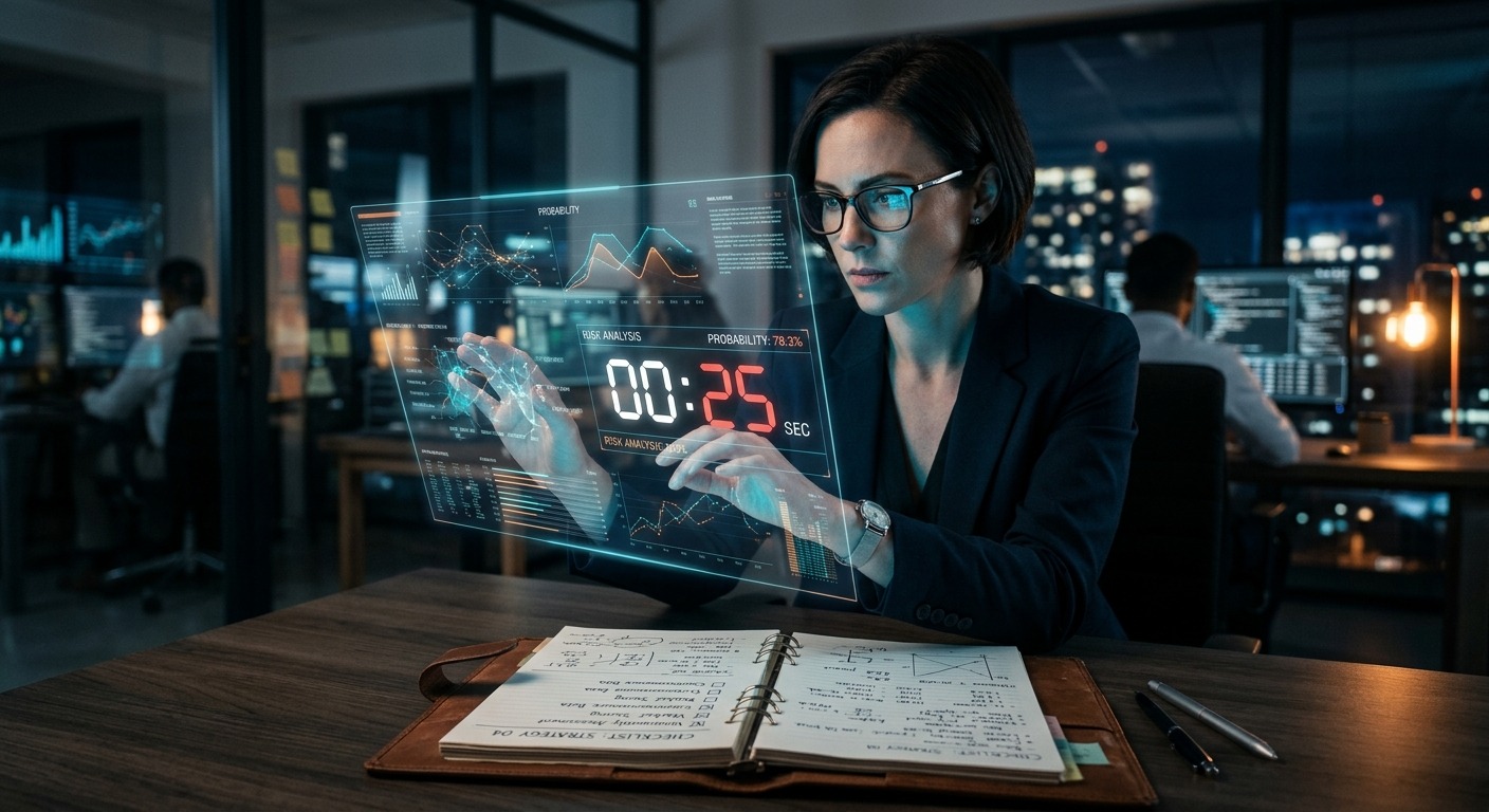 Mulher analisa dados de risco em interface holográfica com cronômetro regressivo em escritório
