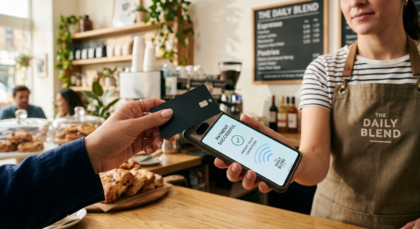 Cliente aproxima cartão de crédito de um smartphone no balcão de uma cafeteria, com a tela confirmando o pagamento