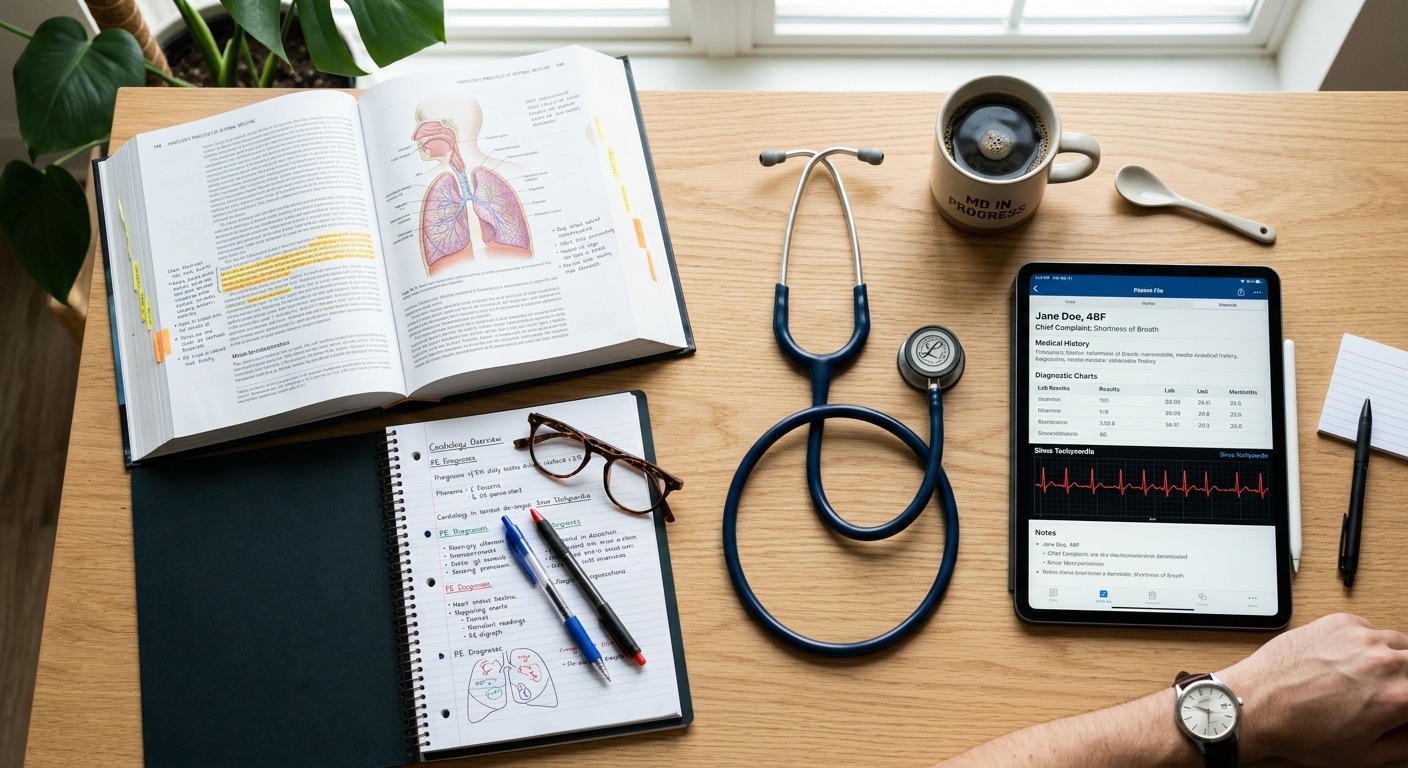 Mesa de estudos de medicina vista de cima com livro aberto, caderno de anotações, estetoscópio, tablet e xícara de café