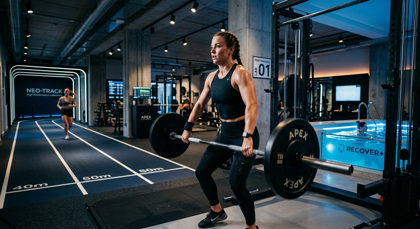 Mulher segura barra com pesos em academia moderna, com pista de corrida e piscina de recuperação ao fundo