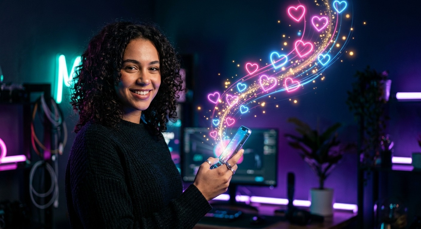Mulher sorridente segura um smartphone do qual saem corações luminosos de neon e partículas brilhantes