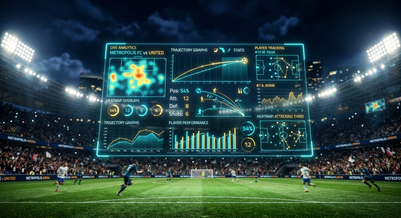 Painel digital futurista com mapa de calor e estatísticas em tempo real sobreposto a um jogo de futebol num estádio
