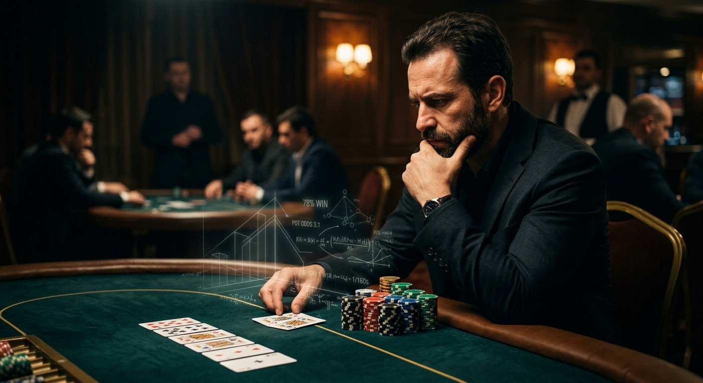 Homem pensativo em uma mesa de pôquer com gráficos e fórmulas matemáticas de probabilidade sobre as cartas