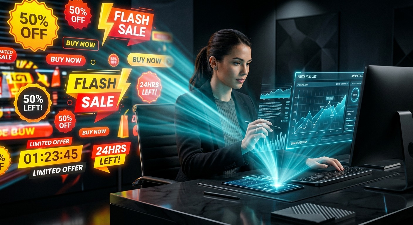 Mulher analisa gráficos de preços em uma tela digital diante de vários anúncios chamativos de promoções relâmpago