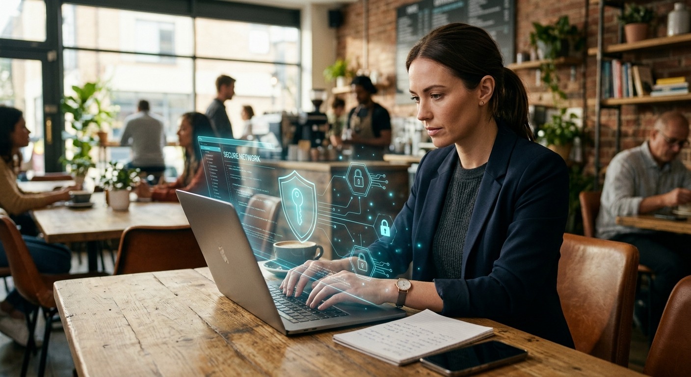 Mulher trabalhando no notebook em um café, com ícones digitais de rede segura e cadeados flutuando sobre a tela