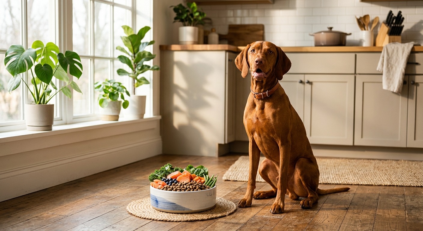 Cão marrom sentado na cozinha ao lado de uma tigela com ração, salmão, brócolis, cenoura e mirtilos