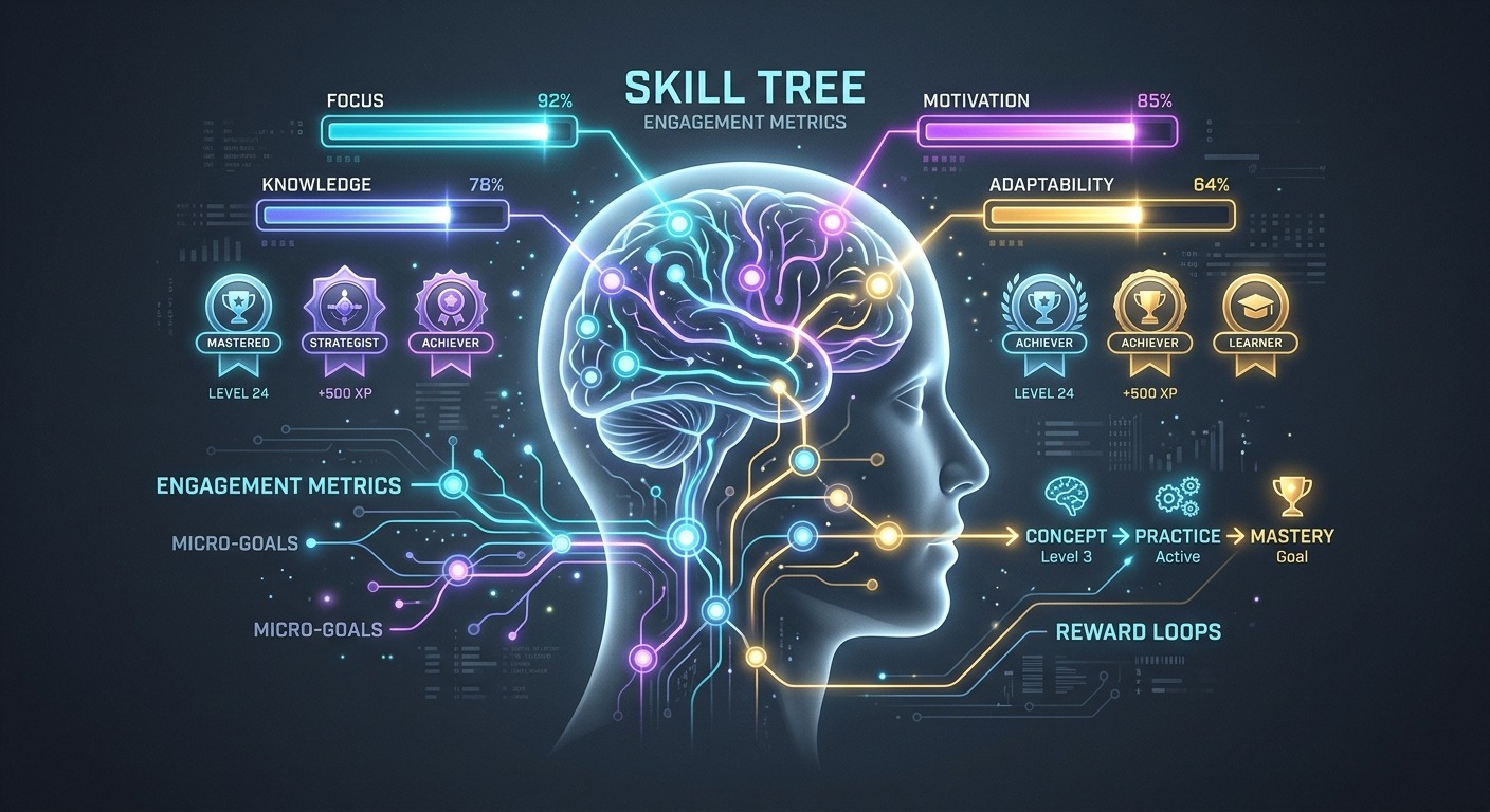 Diagrama Skill Tree com métricas de engajamento: Foco (92%), Motivação (85%), Conhecimento (78%) e Adaptabilidade (64%), além de medalhas de conquistas e fluxo de aprendizado