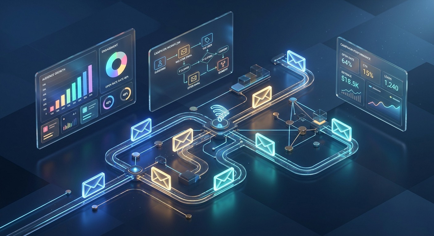 Fluxo de automação de e-mail marketing representado em circuito futurista com envelopes luminosos e painéis de métricas