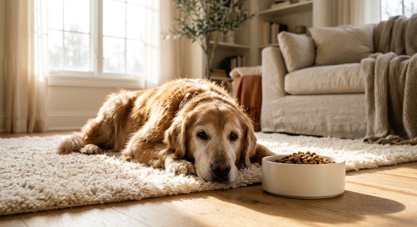 Golden Retriever idoso deitado em um tapete ao lado de uma tigela de ração