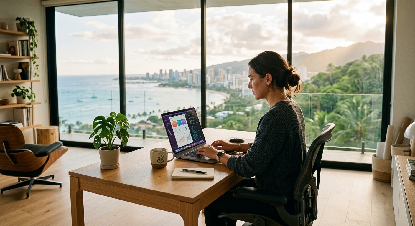 Mulher trabalhando no notebook diante de uma janela ampla com vista panorâmica para o mar e uma cidade litorânea