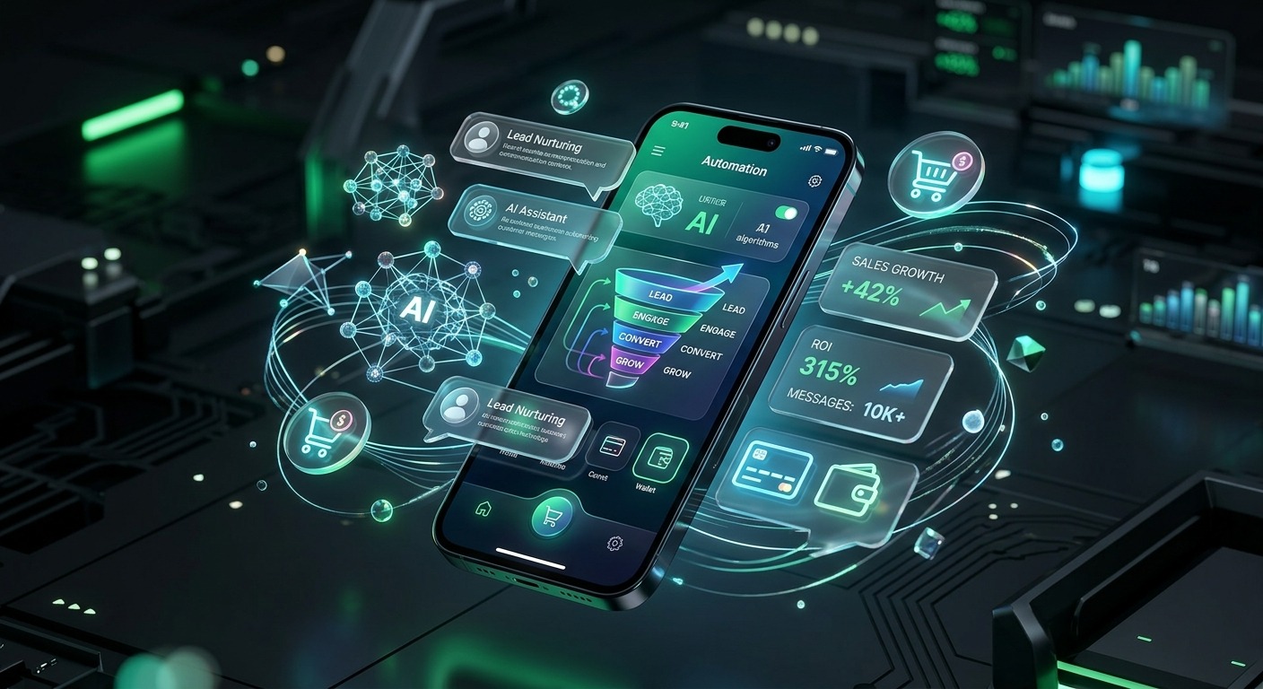 Smartphone exibindo painel de automação por IA com funil de vendas e métricas de crescimento