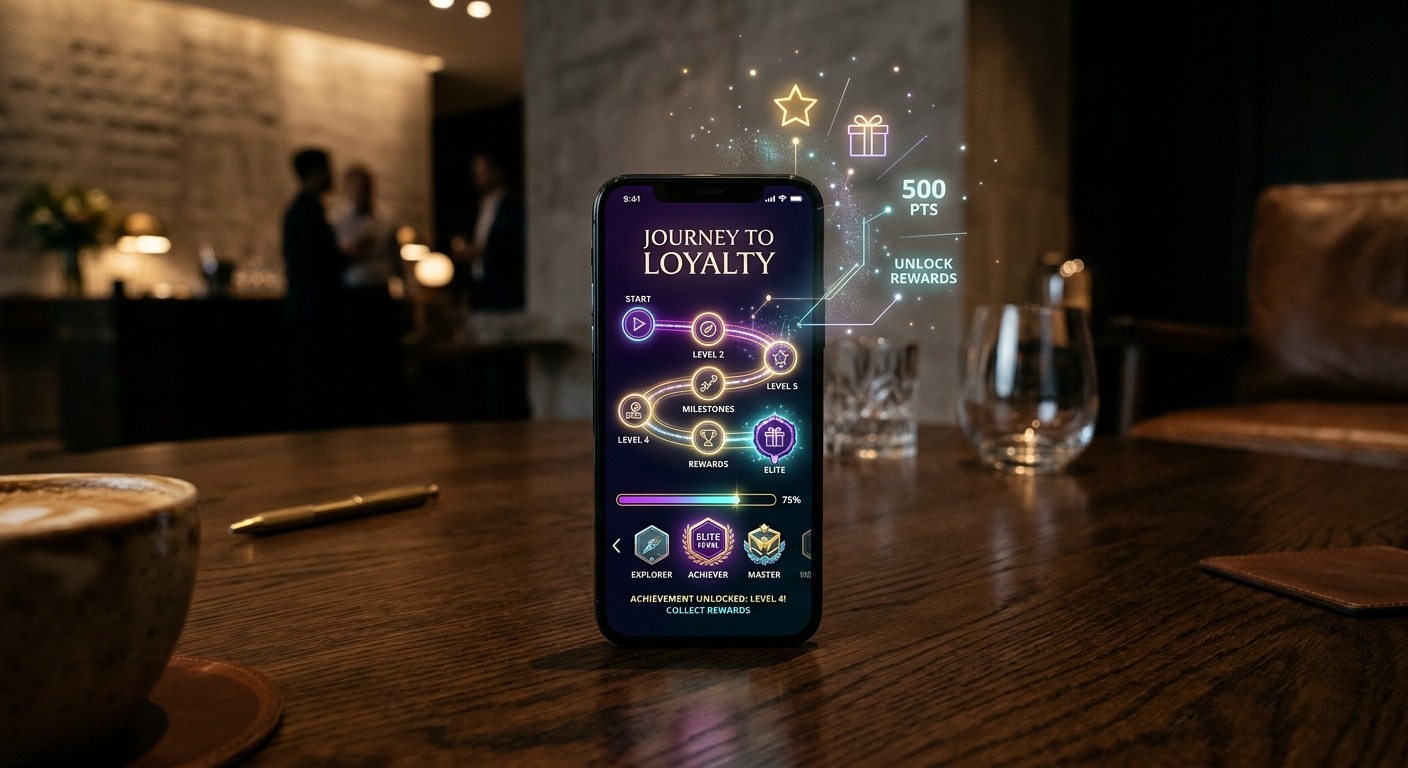 Smartphone sobre mesa de madeira exibindo aplicativo de fidelidade Journey to Loyalty com progresso e recompensas